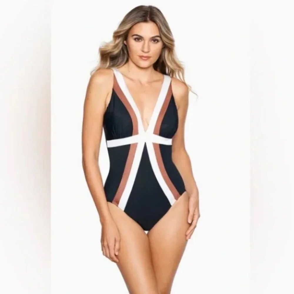 Miraclesuit Spectra Trilogy Swimsuit Black White Copper 12 New With Tags